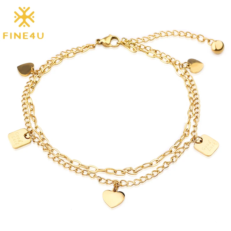 FINE4U B210 браслет-цепочка из нержавеющей стали для мужчин и женщин цвета розового золота Милые Браслеты-подвески в виде сердца ювелирные изделия на удачу