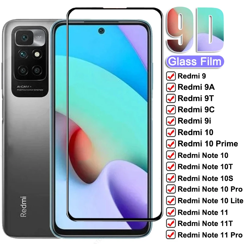 9D Full Tempered Glass For Xiaomi Redmi 10 Prime 9 9A 9T 9C 9AT 9i Screen Protector Redmi Note 10 Lite 11 Pro 10T 10S 11T Glass mobile protector