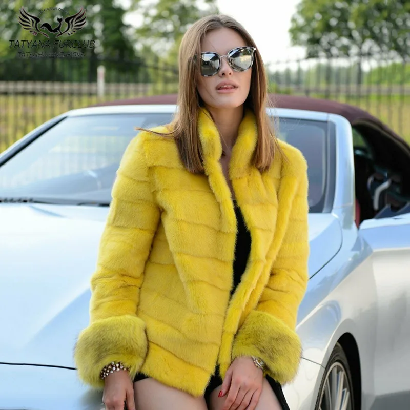 

Winter Fashion Real Mink Fur Coat Stand Collar Warm Women Yellow Color Natural Mink Fur Jackets Whole Skin Fur Overcoats Female