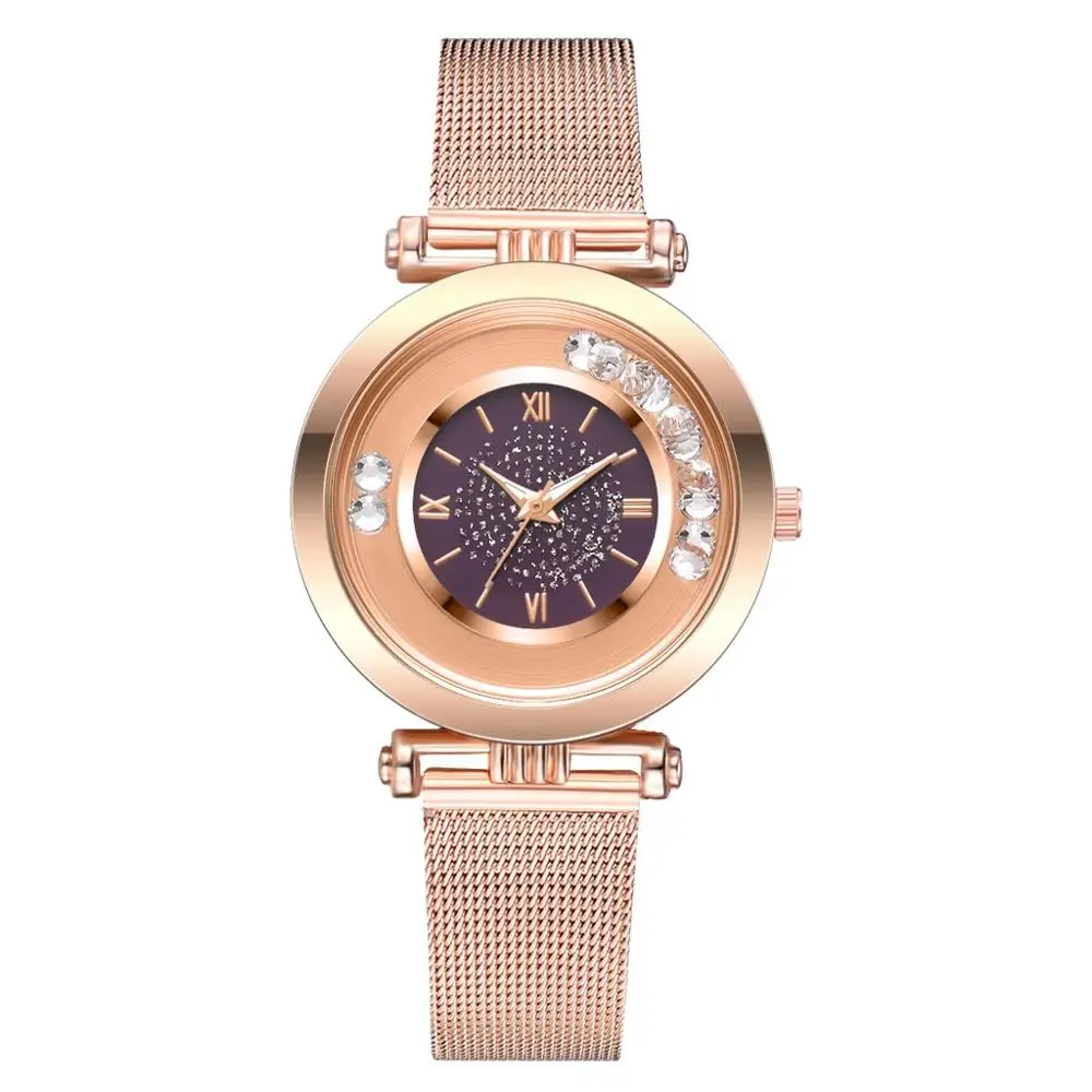 Роскошные Аналоговые кварцевые часы из металлического сплава для женщин, браслет звездное небо, модные розовые, золотые, женские часы, дропшиппинг - Цвет: Фиолетовый