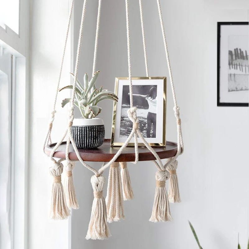 Hanging Shelf Macrame Plant Hanger Flower Pot Holder Boho Home Decor(With Wood Plate