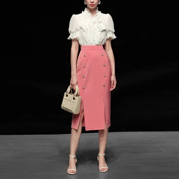 

Seifrmann Summer Runway Suit Set Ladies Lantern Sleeve White Tops + Pink Side Split Ladies Midi Skirts 2 Two Pieces Set