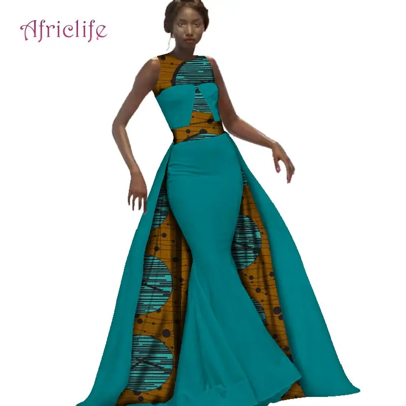 Женская африканская одежда, элегантные платья, африканская восковая печать, Базен Riche, без рукавов, длина до пола, вечерние платья с накидкой, WY2585 - Цвет: 9