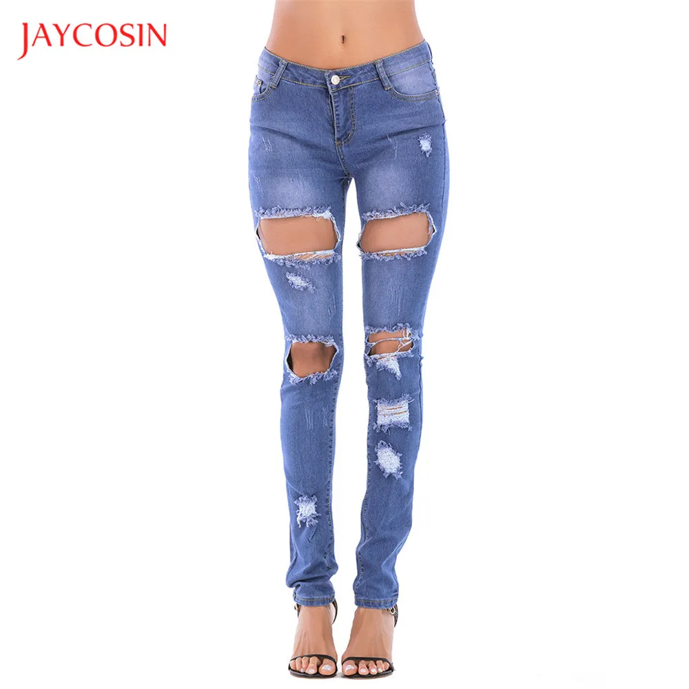 Jaycosin Модные женские обтягивающие джинсы с высокой талией, рваные джинсы, узкие женские брюки Deinm, женские узкие брюки, уличная одежда, рваные брюки