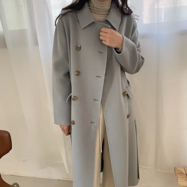 В Корейском стиле; с длинными рукавами, шерстяные пальто зима-осень двубортное тонкое шерстяное пальто с отложным воротником Повседневное пальто плюс размер пальто Femme Hiver