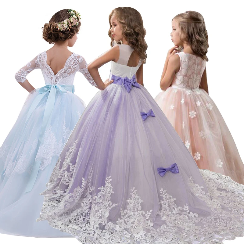Элегантное Длинное платье в пол, платье принцессы кружевное платье с цветочным рисунком для девочек; свадебное, вечернее платье для детей, Костюмы Детские платья для девочек, 6-14yrs
