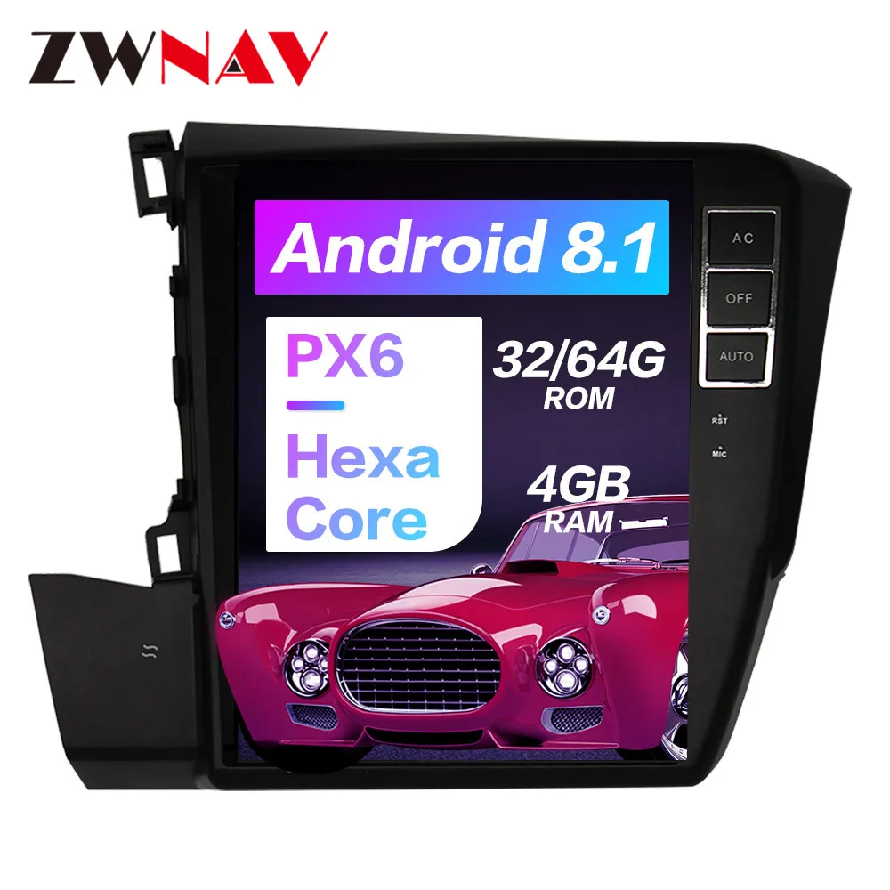 Top ZWNAV Android 9.0 PX6 4GB+64GB For Honda Civic 2012-2015 Built-in DSP Carplay GPS Tesla Style Screen Navigation 5