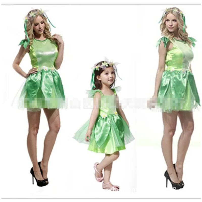 

New Adult Children Tinker Bell Costume Girl's Halloween Fairy Tale Princess Cosplay Dress School Stage Holiday Dress + Headwear