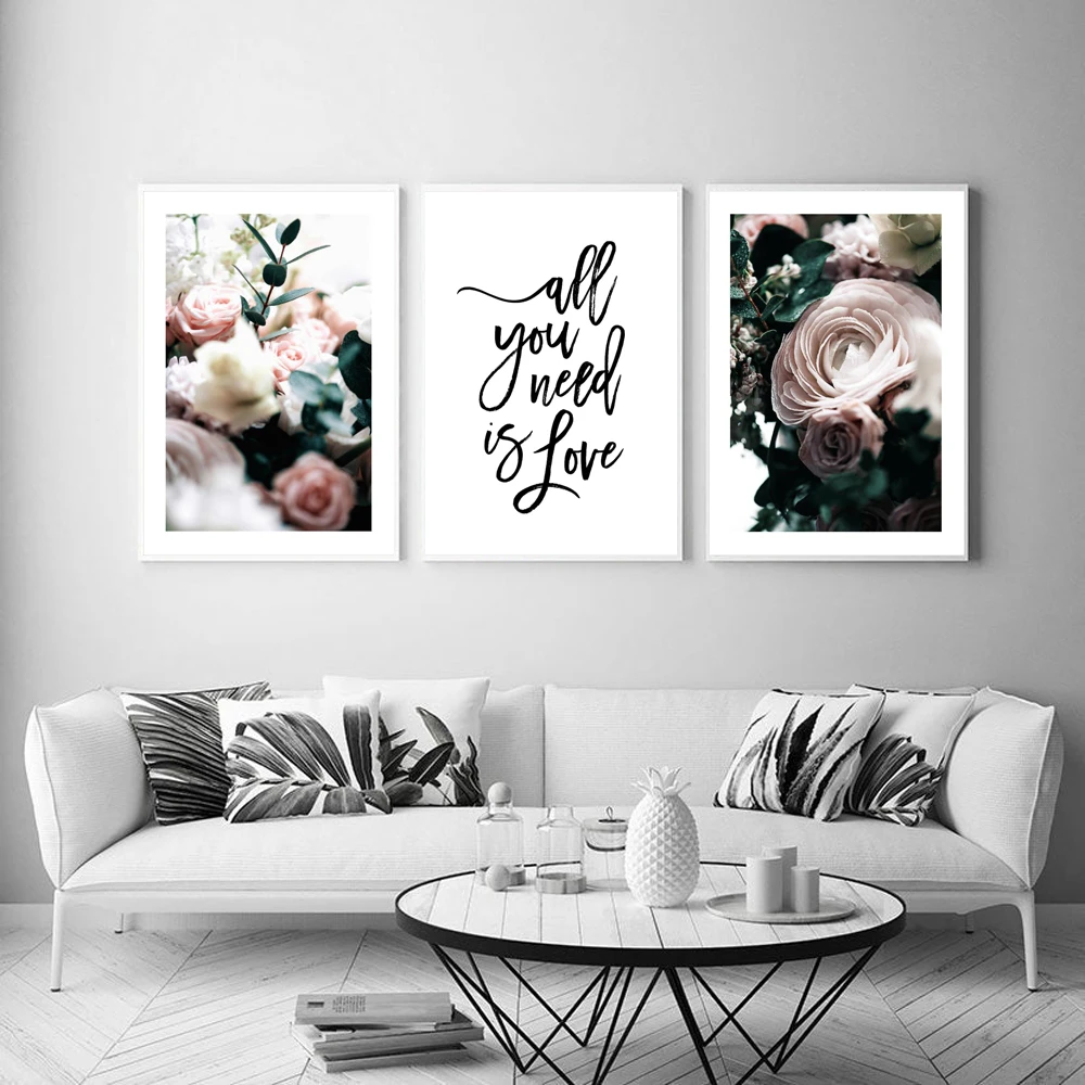 Scandinavian-Peony-Flower-Canvas-Wall-Art-Posters-and-Prints-Quote-Poster-All-you-need-is-Love (2)
