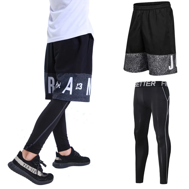 kids black set Мужские и детские баскетбольные комплекты, спортивные быстросохнущие спортивные шорты для тренировок+ колготки для мужчин, футбольные упражнения, Пешие прогулки, бега, фитнеса - Цвет: kids black set