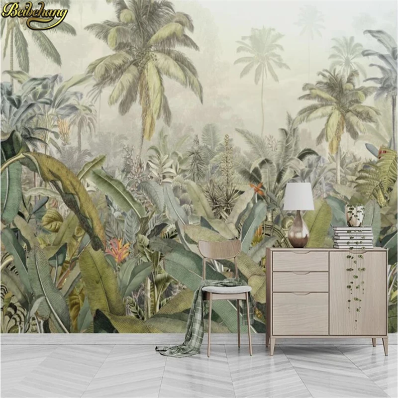 

beibehang Custom wallpaper mural medieval hand painted tropical rain forest plant banana leaf TV background wall 3d wallpaper