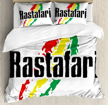 

Rasta Duvet Cover Set Reggae Rastafari Lettering on Grunge Design Flag Colors Backdrop Art Print 3 Piece Bedding Set Red Green