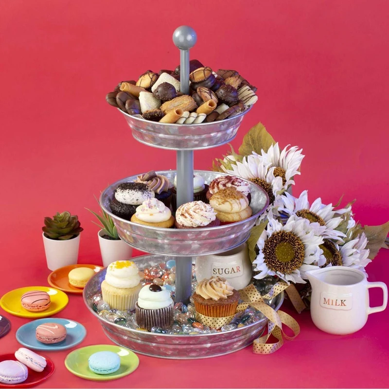 3 Tier Cake Stand Galvanized Metal Serving Tray Plant Dessert Cupcake Fruit Tiered Platter Vintage Decor for Home Party Kitchen