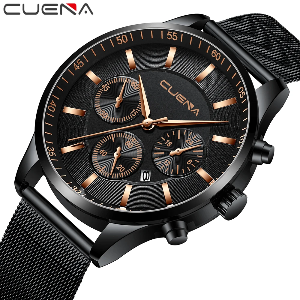 

2019 New CUENA Blue Casual Mesh Belt Fashion Quartz Black Watch Mens Watches Top Brand Luxury Waterproof Clock Relogio Masculino