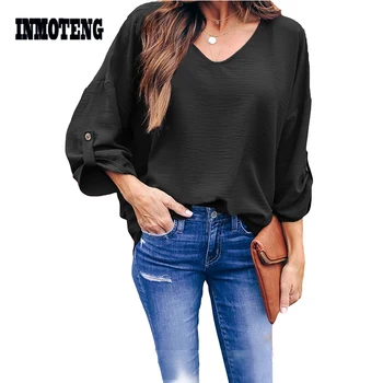 

Solid Color Green/Black V Neck On Melrose Blouse Top Women Brief Autumn Spring Casual Loose Plus Size S-XXL Holiday Blouse Tops