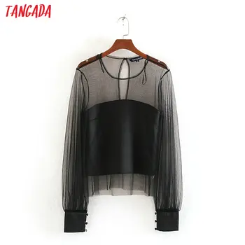 

Tangada fashion women black blouse mesh patchwork transparent o neck long sleeve shirts female chic tops CE217