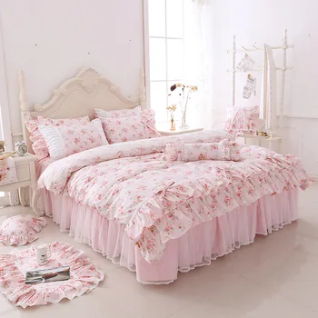 

Soft Comfortable Bed Sheet Duvet Cover Korean Style Cotton Princess Style Bow Printed Lace Pillowcase 4Pcs Bedding Set