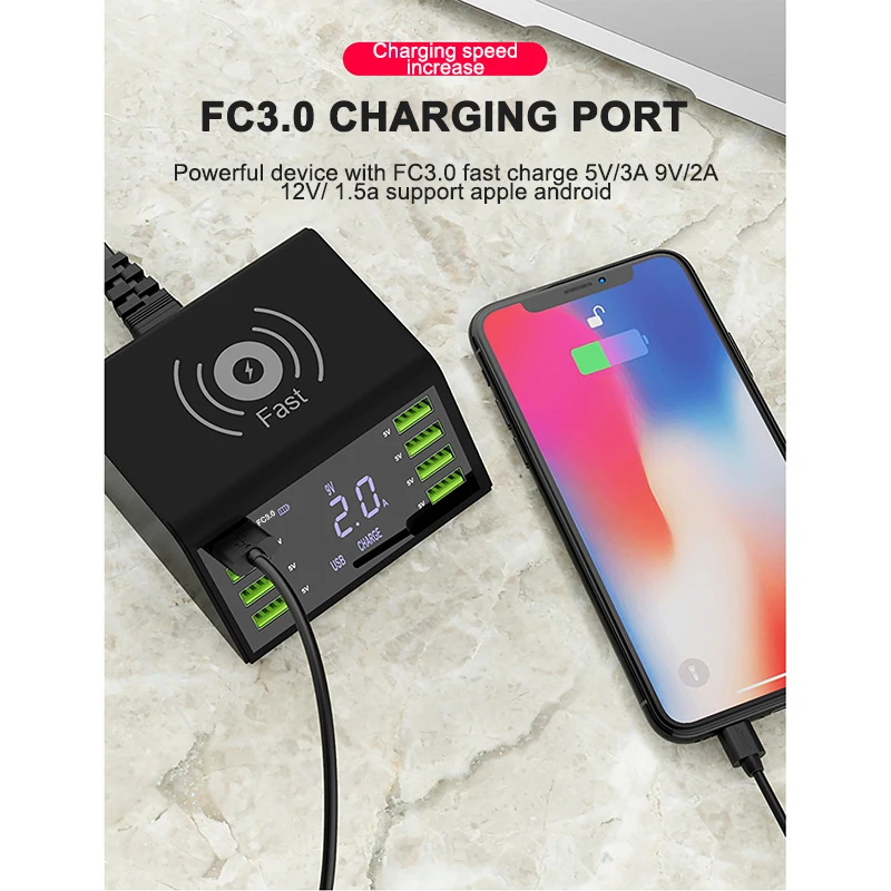 Быстрая зарядка 3,0 для samsung S10 S9 S8 для Xiaomi Mi 9 USB зарядное устройство Новое 8-портовое ЖК USB Qi Беспроводное зарядное устройство для Iphone X 8 Plus