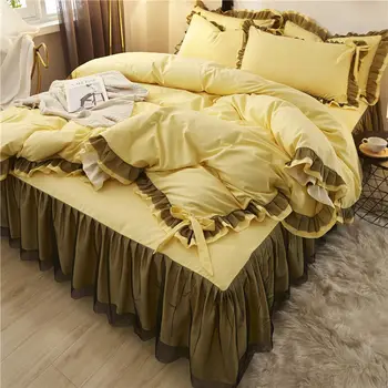 Yellow lace Bedding Set twin Full Queen King Bedspread princess Duvet Cover sets Pillowcase girls bed skirt luxury bedclothes 1