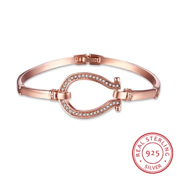 

LEKANI 925 Sterling Silver Horse Shoe Bangle water drop Bracelet Rhinestone fine jewelry Women Love Valentine's Day Gift