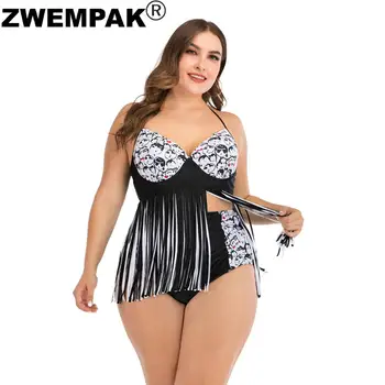

2020 Plus Size XL-4XL Bikini Set Cartoon head Printed Push Up Tassel Bikinis Top High Waist Swimwear Bottoms Summer Big Swimsuit