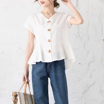 

Summer Short Sleeve Women Blouse 2020 Korean V-Neck Buttons Solid Color Female Tops Office Ladies Causal Shirts 4 Colors M-XL