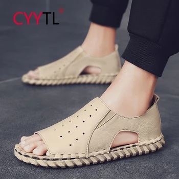 

CYYTL Men Fashion Beach Sandals Summer Leather Open Toe Shoes Platform Non-slip Slippers Hand Stiching Hommes Sapatos Masculino