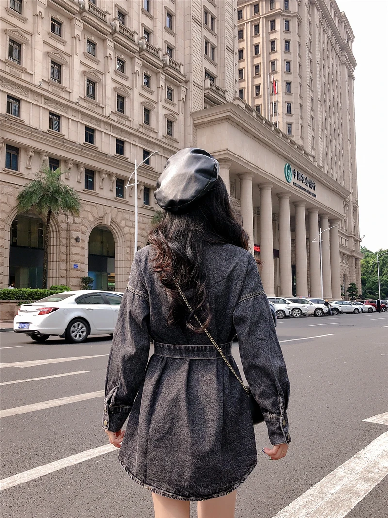 Джинсовая женская рубашка Осень Зима Новая корейская свободная дикая талия в длинном разрезе на шнуровке модная куртка Женское пальто LX62