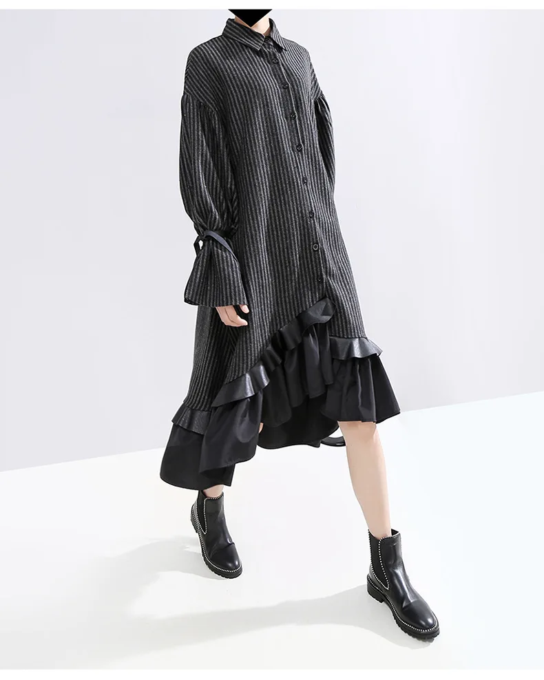 [EAM] женское платье в черную полоску, асимметричное, с оборками, новинка, с отворотом, с длинным рукавом, свободный крой, мода, весна-осень, 19A-a801
