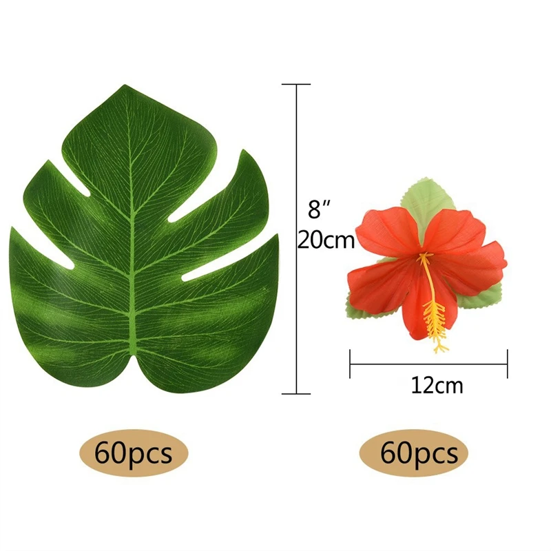 

Set Of 120 Hawaii Style Decorating Pieces for Summer with Palm Leaves and Artificial Hibiscus Flowers - Tropical Plants - Birthd
