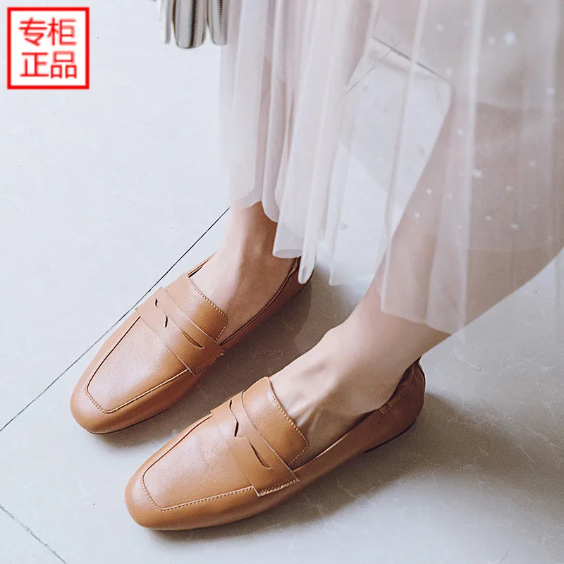 

2019 Spring New Style Versitile Fashion England Retro Square Head Low Heel Square Heel Genuine Leather Small Leather Shoes Women