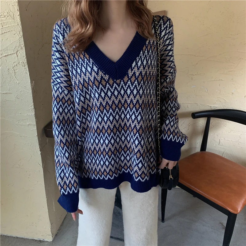 Winter Sweater Women's Plaid Sweater 2020 Spring Fashion Korean Loose V-neck Sweater Autumn Winter Knitted Pullover  Women