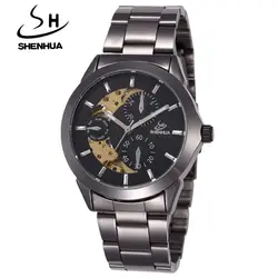 Бренд Shenhua, мужские часы, черный ремешок из нержавеющей стали, автоматические механические часы, мужские часы, мужские часы с скелетом, Reloj