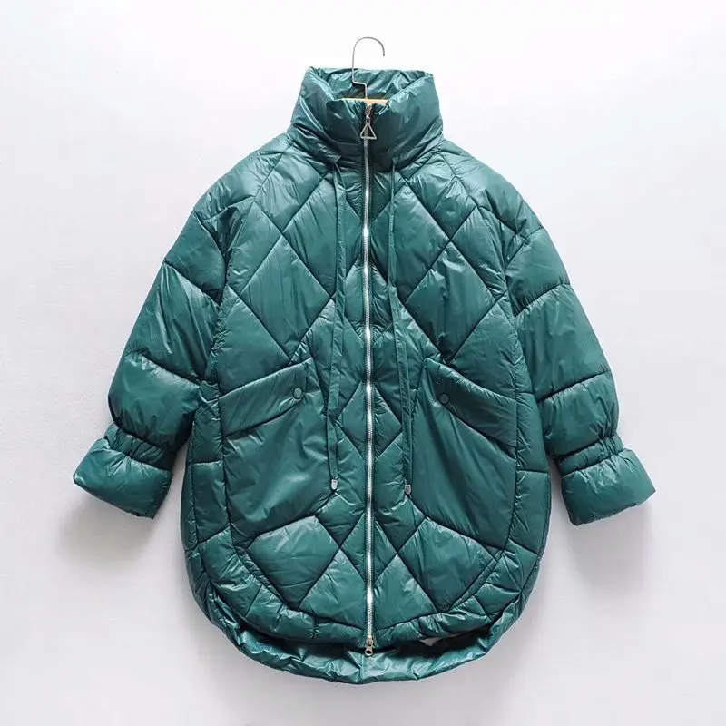 

37my-1008 Korean-style WOMEN'S Wear 2019 Autumn & Winter New Style Stand Collar Large Pocket Rhombus Cotton Overcoat Women's