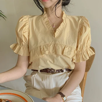 

Korean Style Shirts Women Summer New 2020 Sweet V-neck Solid Color Ladies Blouses and Tops Short Sleeve Women Clothing