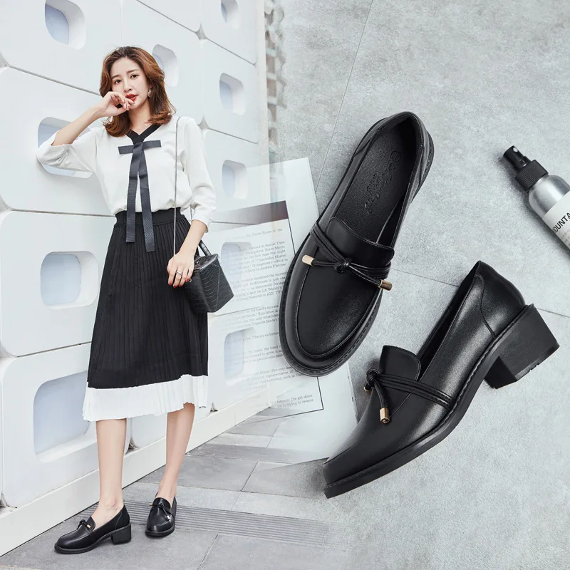 

2019 New Style Spring And Autumn Shoes Women's Slip-on Small Leather Shoes INS Loafers Extra High Black And White with Pattern E