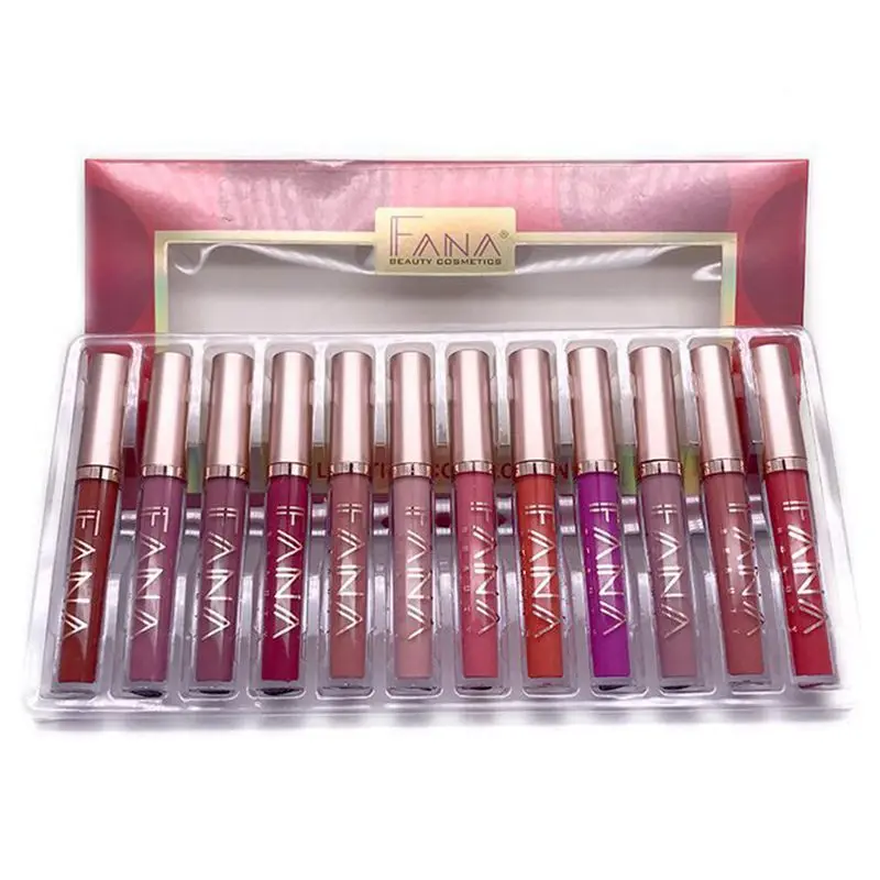Fana 12 Pcs Non-Stick Cup Matte Colorful Fruity Lip Gloss Lipstick Set Gift Box Fana 12 Pcs Non-Stick Cup Matte Colorful Fruity Lip Gloss Lipstick Set Gift Box