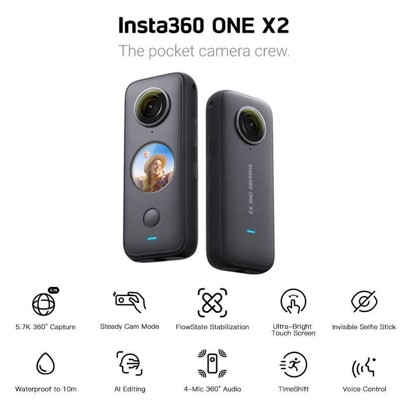 Original Insta360 One X2 Sport Action Camera 5.7K Video Waterproof To 10M  FlowState Stabilization Steady Cam Mode Action Camera