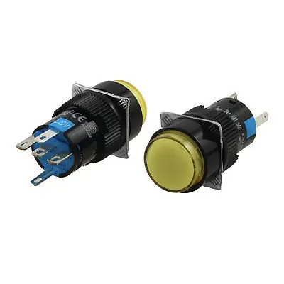 

5 Pcs AC 220V Yellow Light Lamp Momentary SPDT Round Cap Push Button Switch