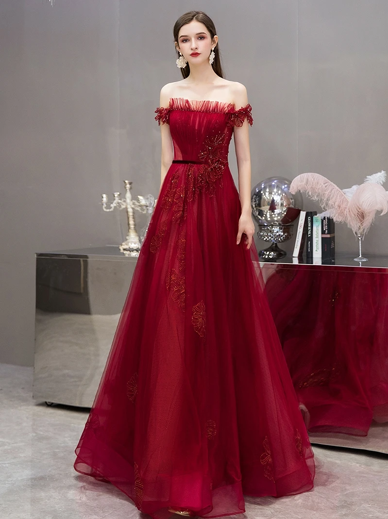 SSYFashion, новинка, темно-Красное длинное вечернее платье, роскошное, с блестками, кружевное, с аппликацией и вырезом лодочкой, для выпускного вечера, вечерние платья на заказ, Vestidos De Noche