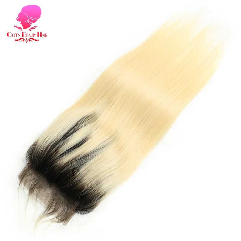 QUEEN BEAUTY 3 Bundles and Closure 2 Tone Dark Roots 1B/613 Ombre Blonde Brazilian Straight Bundles Remy Human Hair with Closure