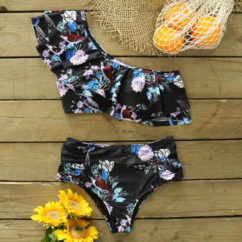 

Low Waist Swimsuit 2020 New Sexy Bikini Set One Shoulder Swimwear Women Print Floral Bathing Suit Beach Wear biquini Female