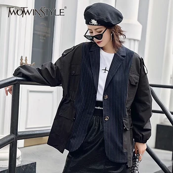 

TWOTWINSTYLE Hit Color Patchwork Striped Women's Coat Notched Batwing Sleeve Pocket Korean Female Coats Autumn Fashion New 2020