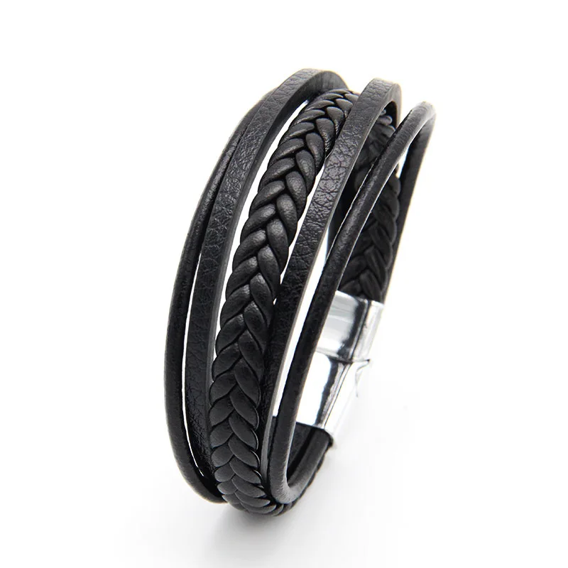 Men Multilayer Leather Bracelet Magnetic-clasp Cowhide Braided Multi Layer Wrap Bangles,bracelet jewelry