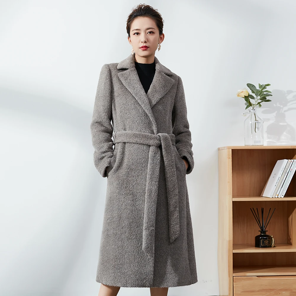 Высококачественные кашемировые пальто из альпаки, шерстяная Женская куртка с поясом, дизайнерское шикарное длинное пальто camel - Цвет: Grey
