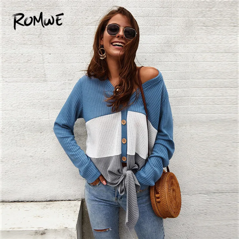 

ROMWE Cut And Sew Button Front Knot Hem Cardigan Women Autumn Casual V Neck Long Sleeve Top Womens Sweaters Fall 2019 Cardigans