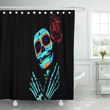 

Young Girl in The of Santa Muerte Saint Death Sugar Skull with Bright Make Up Studio