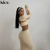 Kliou Knitted Two Piece Set Women Skirt Elegant Lined Sleeveless Camisole Top+Long Sleeve Backless Female Dress 3