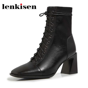 

Lenkisen limited customization plus size cow leather square toe high heel short boots cross-tied European style ankle boots L8f1
