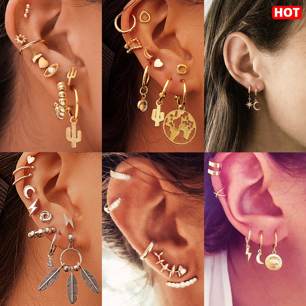 

17KM Bohemian Gold Metal Drop Dangle Earrings Set For Women 2019 Geometric Eyes Moon Star Feather Female Earring Vintage Jewelry